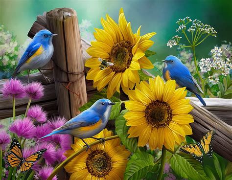 720p Free Download Sunflower Garden Garden Birds Summer Bonito