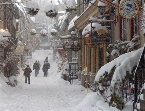 Winter Scene In Quebec City Quartier Petit Champlain With Heavy Snow