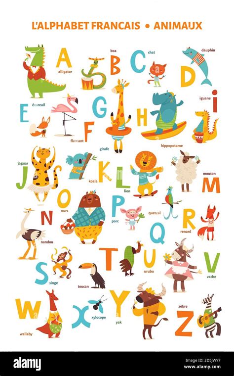 French Language Alphabet Poster With Cartoon Animals Stock Vector Image