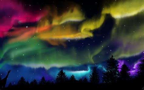 1440x900 Northern Lights Forest Colorful Sky Silhouette Wallpaper