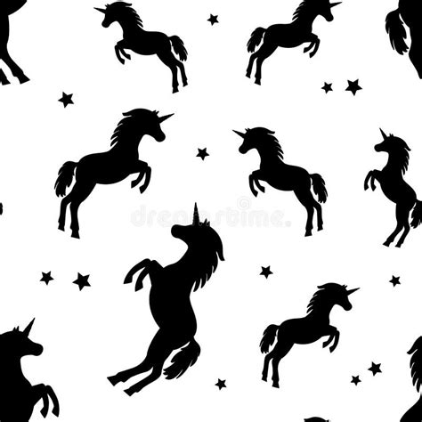 Seamless Pattern With Black Silhouettes Unicorns And Stars Vector