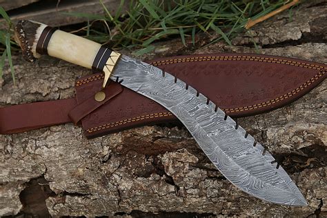 Handmade Damascus Kukri Knife With Stag Horn And Bone Handle Etsy Canada