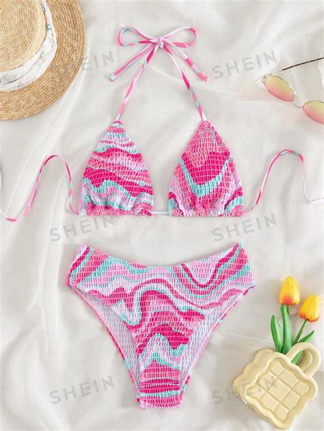SHEIN Swim Vcay Wavy Print Bikini Set Smocked Halter Triangle Bra