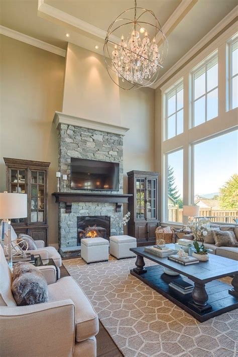 Lovely Two Story Great Room With Fireplace Magnificent Rustic