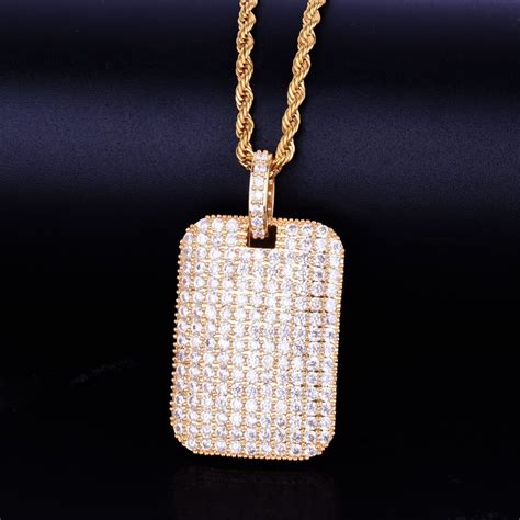 Iced Gold Color Square Pendant Necklaces Bling Cubic Zircon Punk Hip