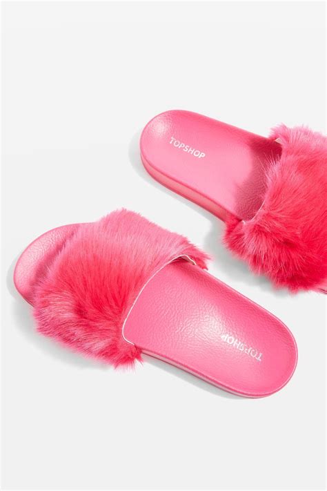 Topshop Hoot Faux Fur Sliders In Pink Lyst