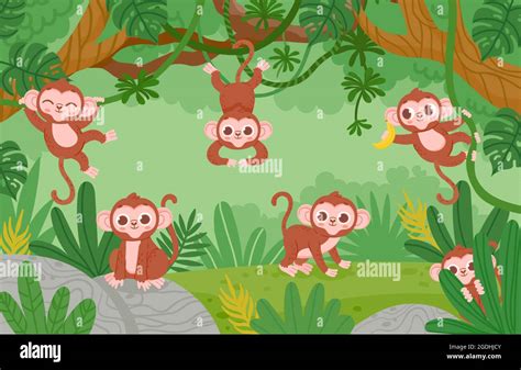 Monkeys Swinging In Trees Stock Vector Images Alamy