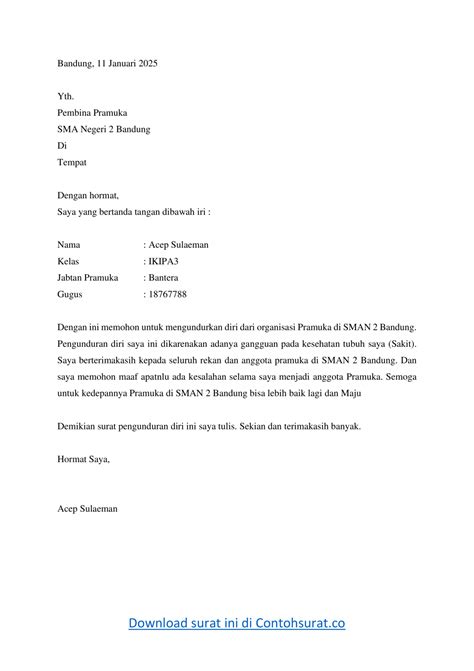 Seperti pada contoh surat pengunduran diri diatas, anda dapat melihat bahwasanya alasan dari ia memutuskan untuk berhenti dari organisasi tersebut memanglah pantas. Contoh Surat Pengunduran Diri Dari Organisasi Pramuka ...
