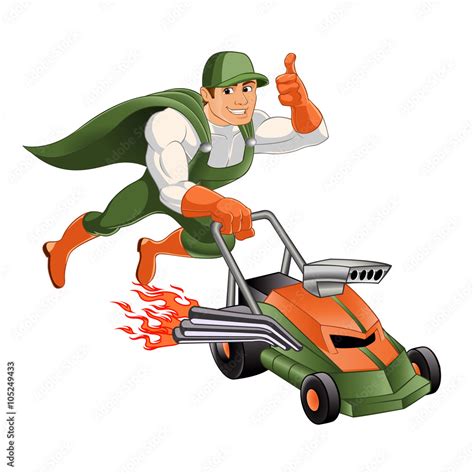 Superhero Mowing Lawn Mower Cartoon Stock Vector Adobe Stock