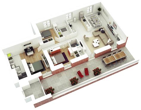 3d Three Bedroom House Layout Design Plans