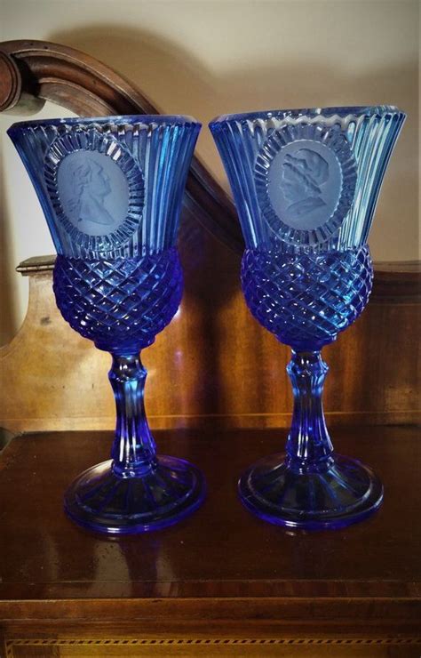 Pair Of Vintage Avon Fostoria Cobalt Blue George And Martha Washington Goblets Cobalt Blue