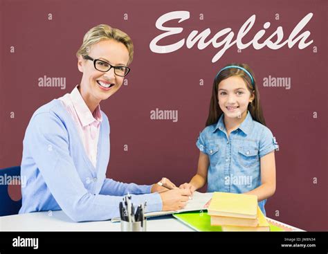 Digital Composite Of Student Girl And Teacher At Table Against Red