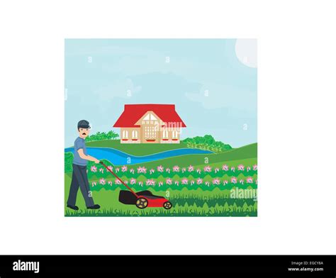 A Vector Illustration Of A Man Mowing The Lawn Stock Vector Image And Art