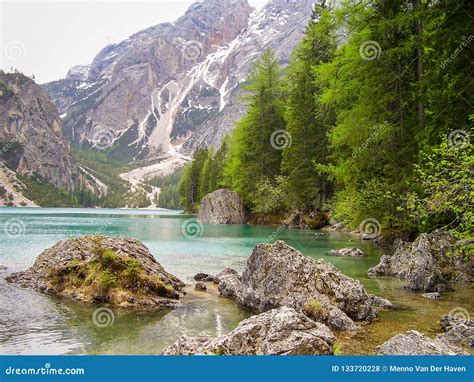 Scenic View Of Lake Braies Lago Di Braies In The Dolomites Italy In