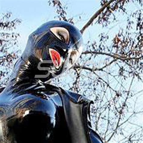 suitop sexy rubber latex hoods women s female s masks with open eyes and mouth in black color
