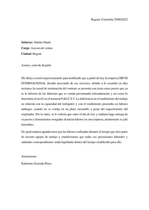 Carta De Despido Bogotá Colombia 2909 Señora Martha Marín