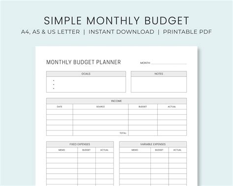 Monthly Budget Planner Printable Simple Budget Worksheet Etsy Finland