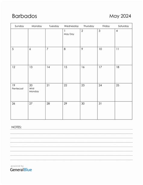 May 2024 Barbados Calendar With Holidays