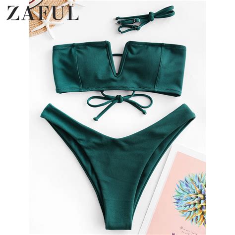 zaful sexy bandeau bikinis 2020 new v neck bikini swimsuits push up swimwear female brazilian
