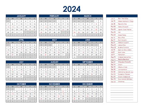 2024 India Annual Calendar With Holidays Free Printable Templates