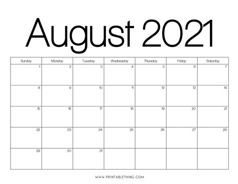 August 2021 Calendar Pdf August 2021 Calendar Image Print Pdf