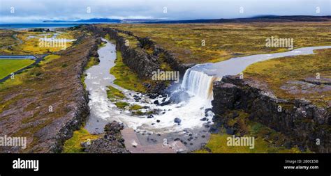 Aerial Panorama Of The Oxarafoss Waterfalls In Iceland Stock Photo Alamy