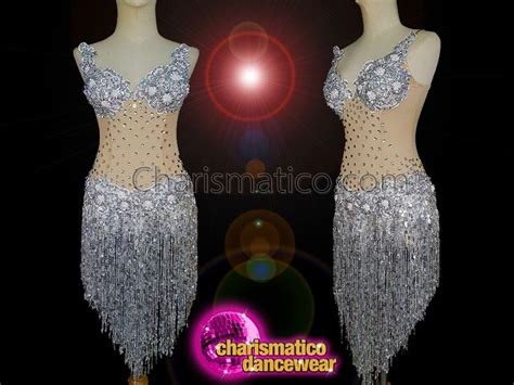 Charismatico Symmetrical Sequin Fringe Latin Salsa Skirt Silver Leotard Silver Dress Fringe