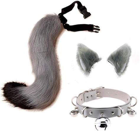 Faux Fur Cat Ears Hair Clip Furry Wolf Fox Long Tail Costume Halloween Party Neck