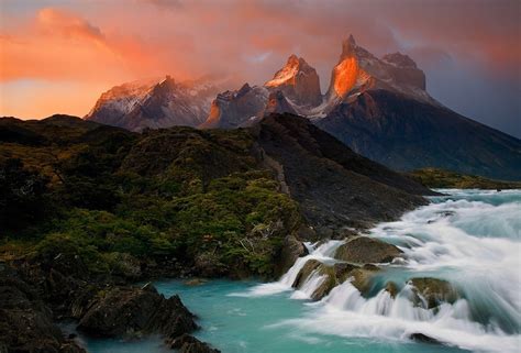 Chile Sunrise Mountain Lake Waterfall Torres Del Paine National
