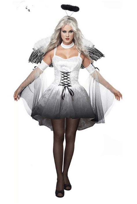 White Black Devil Fallen Angel Costume Women Sexy Halloween Party Clothes Adult Costumes Fancy