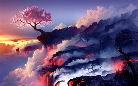 Cherry Blossom Tree On Volcano Lava Wallpaper Nature And Landscape