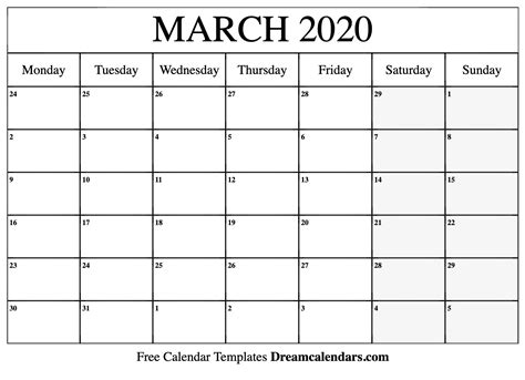 March 2020 Calendar Free Printable With Holidays And Observances