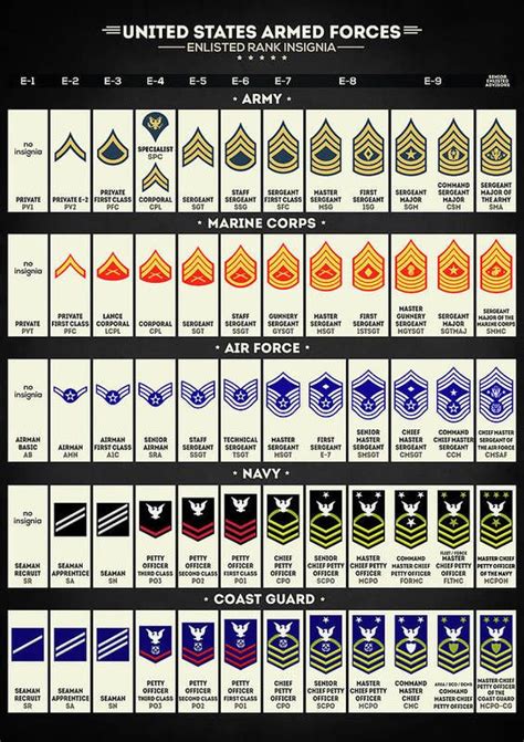 United States Armed Forces Enlisted Rank Insignia Poster Featuring The