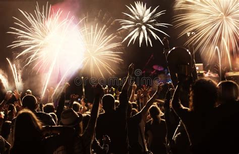 Crowd Watching Fireworks At New Year Stock Image Image Of Blue