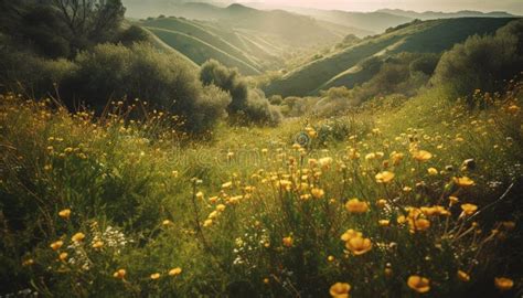 Yellow Wildflowers Bloom On Tranquil Mountain Meadow Generated By Ai