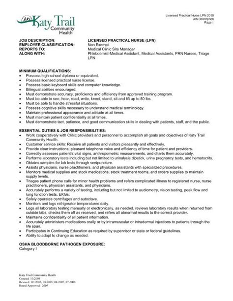 Job Description Licensed Practical Nurse Lpn