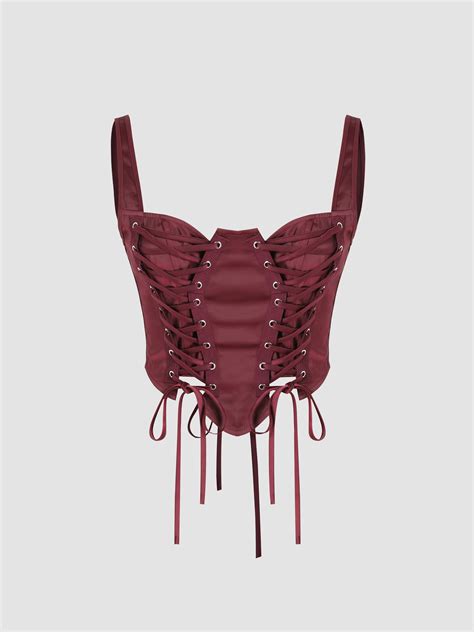Solid Satin Lace Up Corset Cami Top Cider