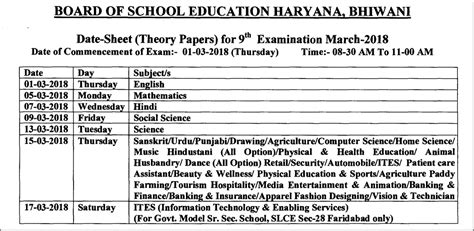 Hbse 11th Class Date Sheet 2018 Haryana Board 9th Time Table