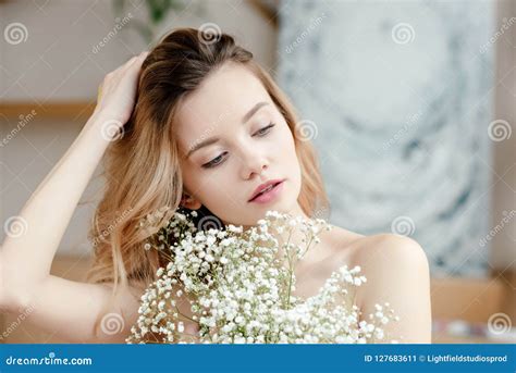 Sensual Naked Woman With Closed Eyes Wearing Golden Headpiece Royalty Free Stock Photo