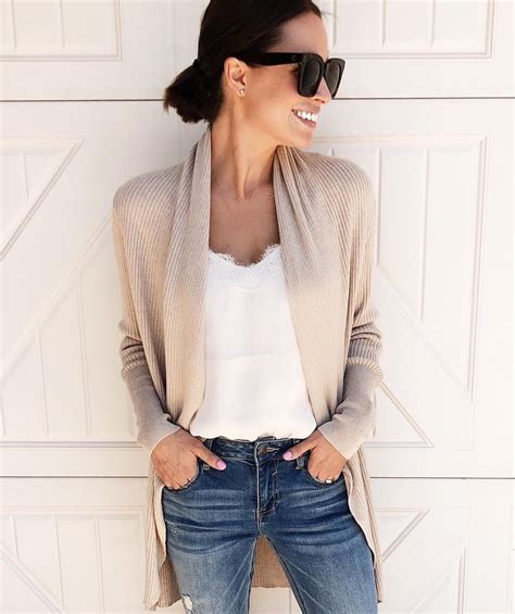 Beige Long Cardigan White Lace Derail Cami And Skinny Jeans Outfit For