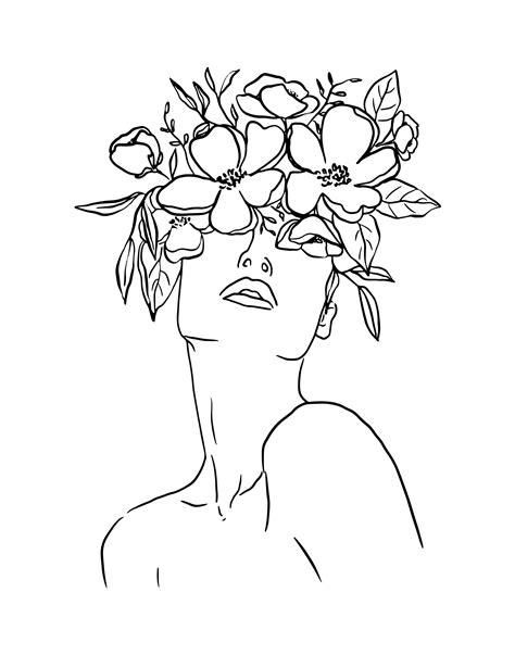 Head Of Flowers Line Art Flower Woman Printable Art Flower Head