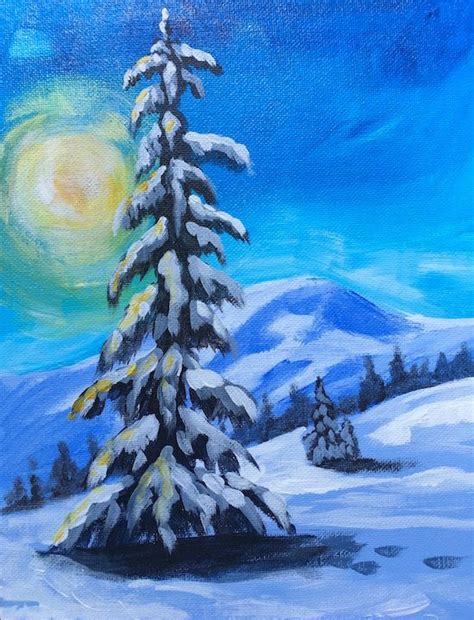 Lone Winter Tree Easy Paint Along Acrylic On Canvas Snowscape The Art