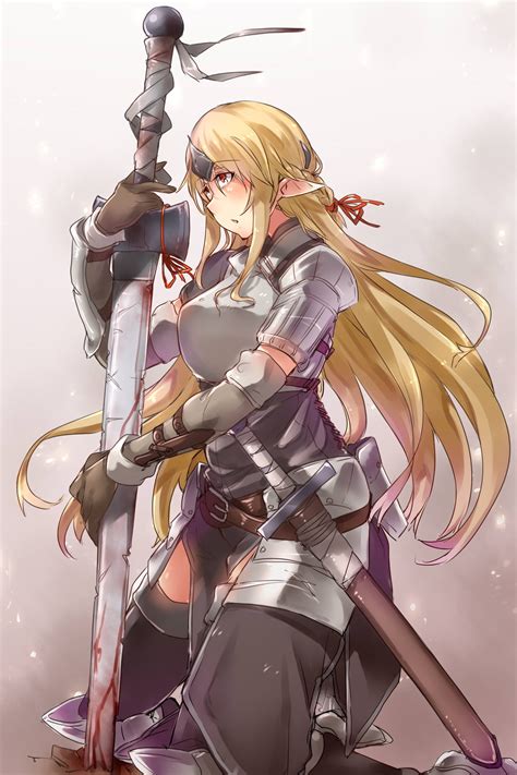 Wallpaper Illustration Blonde Long Hair Anime Girls Weapon Cartoon Armor Sword Elves