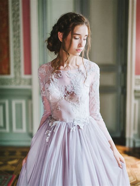 Lavender Wedding Gown With Sheer Sleeves And Floral Appliques Etsy