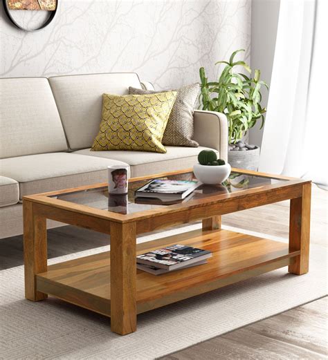 buy mckaine solid wood coffee table with glass top in rustic teak finish by woodsworth online