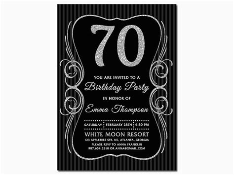 70 Birthday Invites 70th Birthday Invitations Black Silver Glitter 70