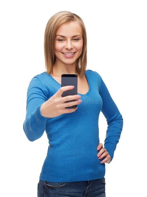 Woman Taking Self Picture With Smartphone Camera Stock Photo Image Of Girl Device
