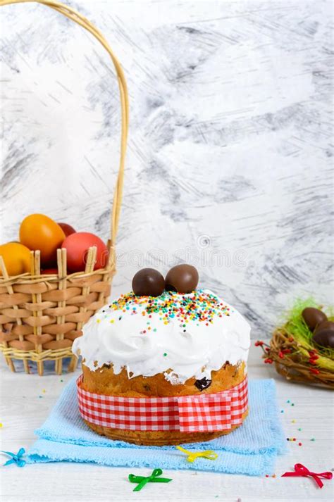 Traditional Easter Cake Kulich Chocolate Eggs In A Nest And