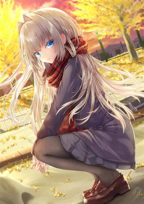 Safebooru 1girl Absurdres Amatsuji Autumn Leaves Bangs Black Legwear Blue Eyes Brown Footwear