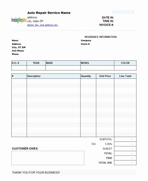 Auto Service Invoice Template Free Download Printable Templates